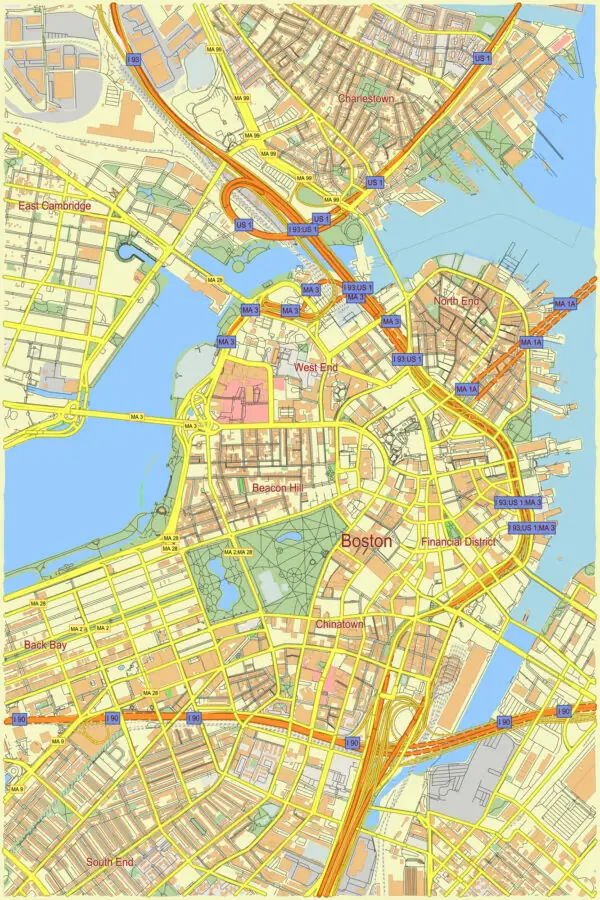 Boston Center Massachusetts US Free Vector Map in Adobe Illustrator, PDF, SVG