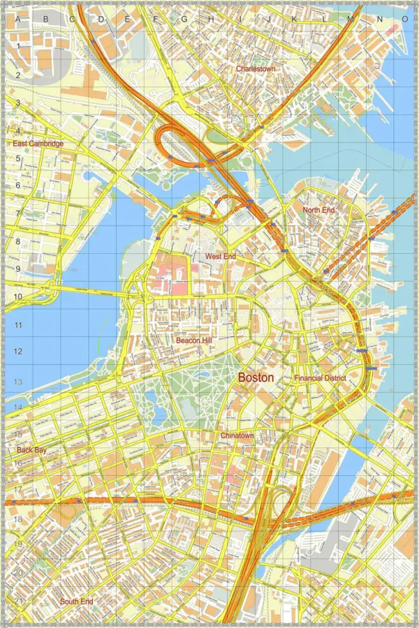 Boston Center Massachusetts US Vector Map editable layered Adobe Illustrator 24x36 inch ready for print