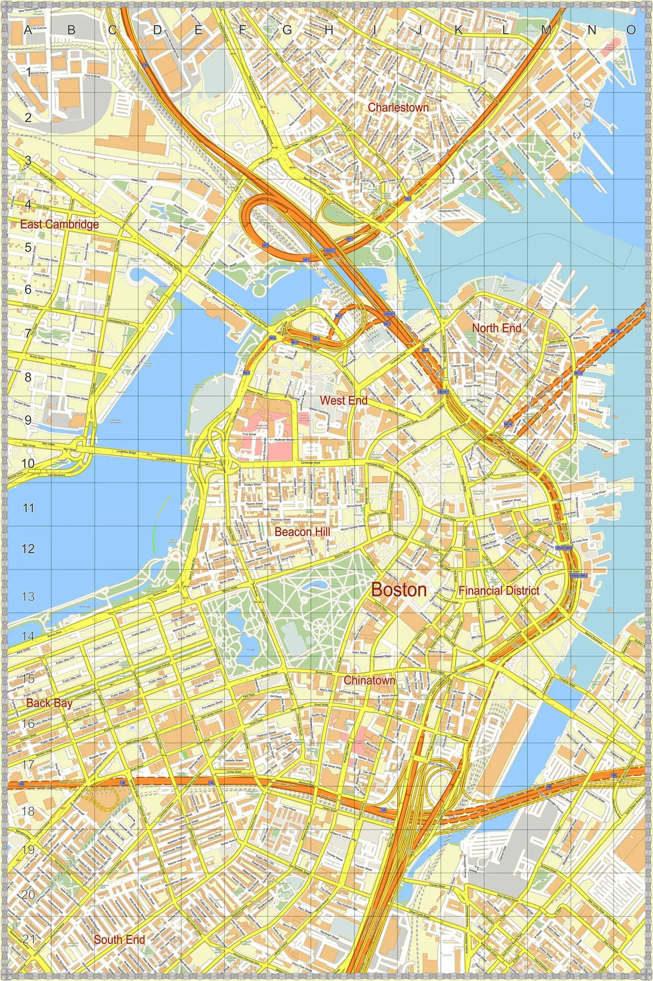 Boston Center Massachusetts US PDF Vector Map editable layered Adobe PDF 24x36 inch ready for print