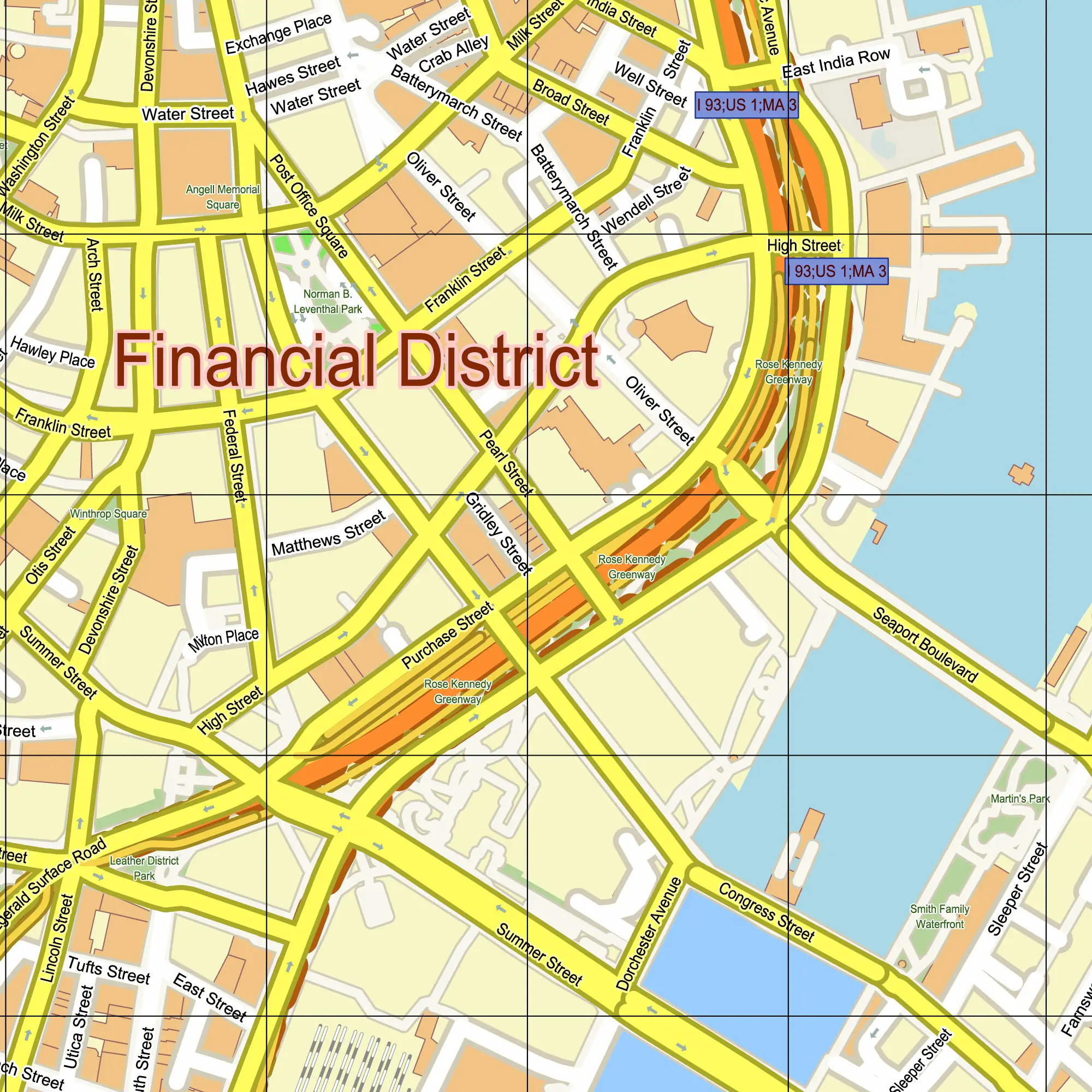Boston Center Massachusetts US PDF Vector Map editable layered Adobe PDF 24x36 inch ready for print