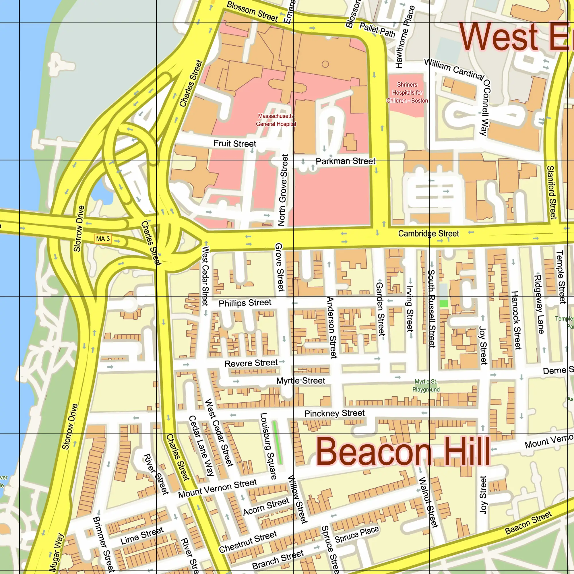 Boston Center Massachusetts US PDF Vector Map editable layered Adobe PDF 24x36 inch ready for print
