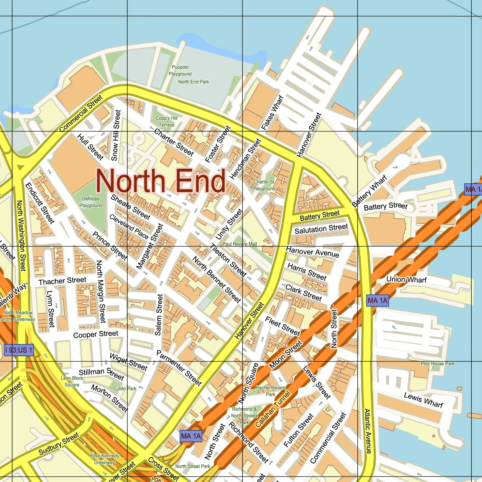 Boston Center Massachusetts US PDF Vector Map editable layered Adobe PDF 24x36 inch ready for print