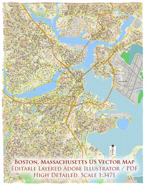 Boston Massachusetts US Vector Map High Detailed editable layered Adobe Illustrator