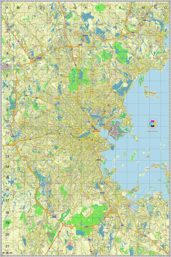 Boston Greater Massachusetts US Vector Map editable layered Adobe Illustrator 24x36 inch ready for print