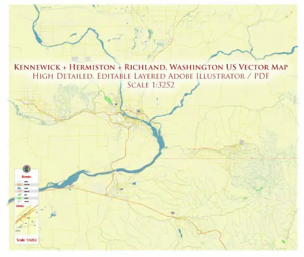 Hermiston + Richmod + Kennewick Washington US Vector Map exact high detailed editable layered Adobe Illustrator