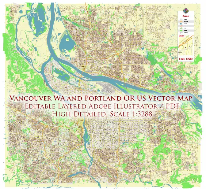 Vancouver Washington + Portland Oregon US PDF Vector Map exact high detailed editable layered Adobe PDF