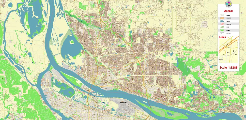 Vancouver Washington + Portland Oregon US PDF Vector Map exact high detailed editable layered Adobe PDF