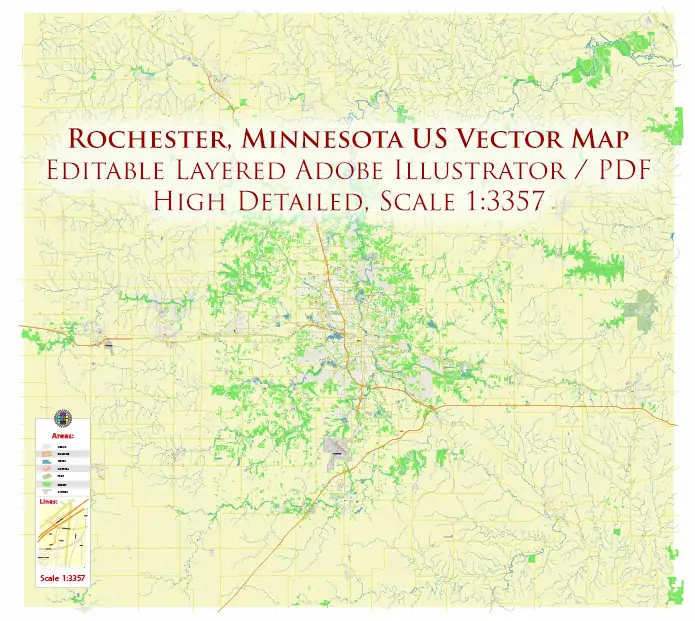 Rochester Minnesota US PDF Vector Map exact high detailed editable layered Adobe PDF