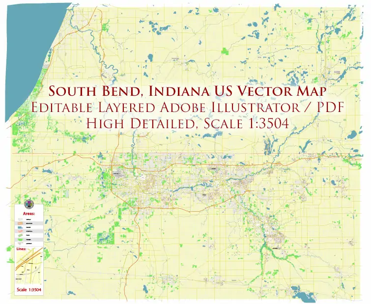 South Bend Indiana US PDF Vector Map exact high detailed editable layered Adobe PDF