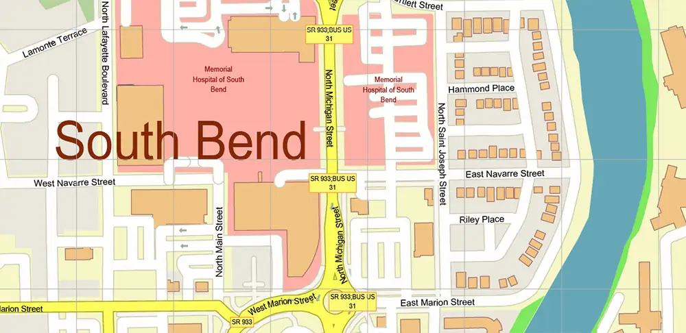 South Bend Indiana US PDF Vector Map exact high detailed editable layered Adobe PDF