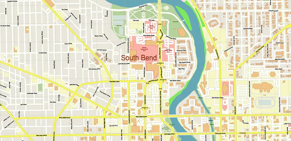 South Bend Indiana US PDF Vector Map exact high detailed editable layered Adobe PDF