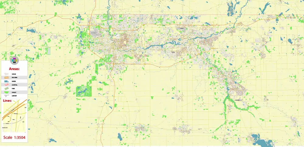 South Bend Indiana US PDF Vector Map exact high detailed editable layered Adobe PDF