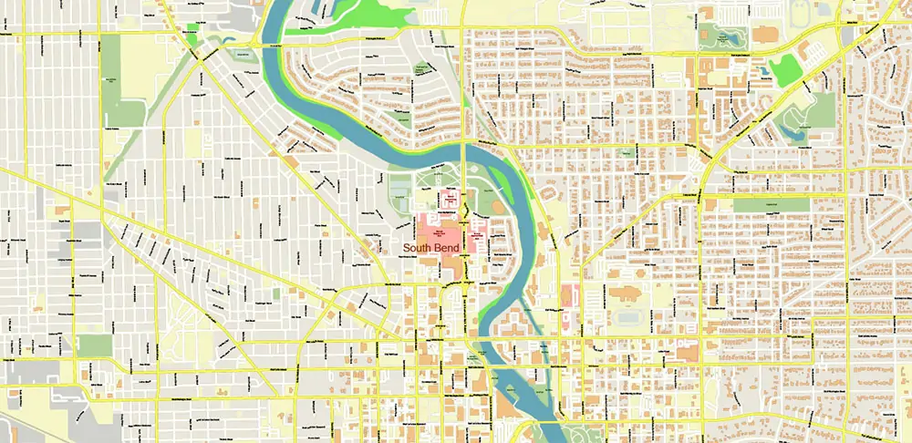 South Bend Indiana US PDF Vector Map exact high detailed editable layered Adobe PDF