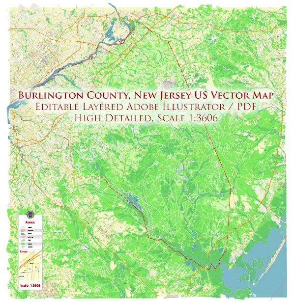 Burlington County New Jersey US Vector Map high detailed editable layered Adobe Illustrator