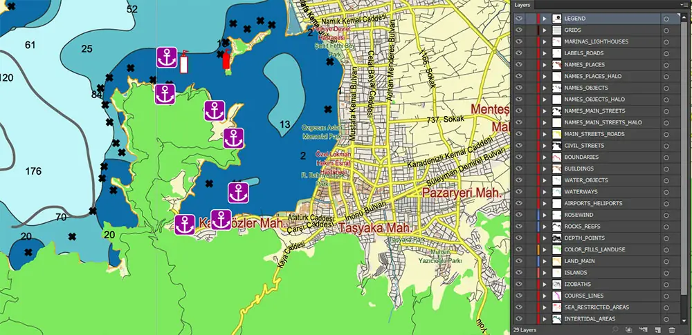 Marmaris area Turkey Marine Vector Map high detailed editable layered Adobe Illustrator