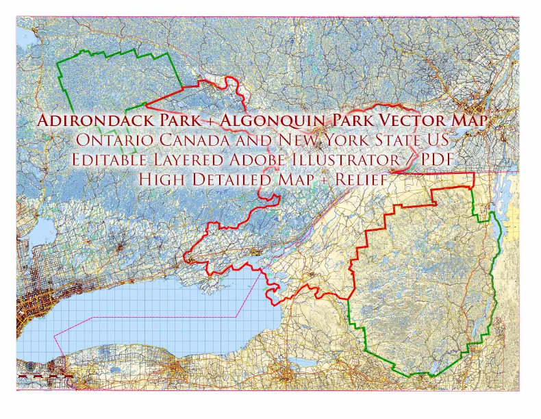 Adirondacks Park + Algonquin Parks (US and Canada) Vector Map High Detailed editable layered Adobe Illustrator