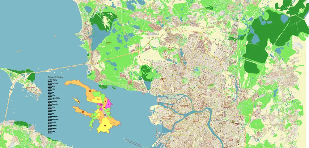 Saint Petersburg Russia PDF Vector Map (ENG) High Detailed editable layered Adobe PDF