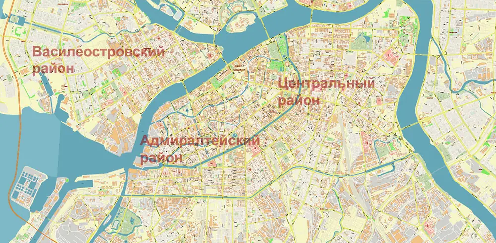 Санкт-Петербург Россия (РУС) векторная карта высокой детализации, Adobe Illustrator