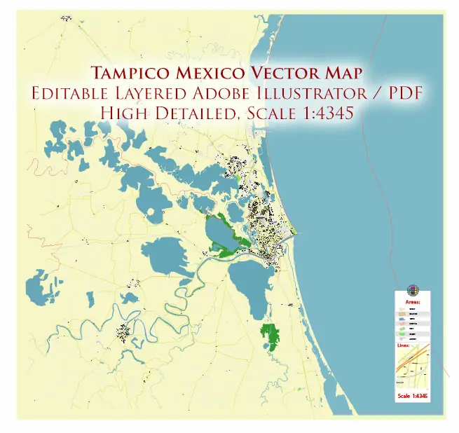 Tampico Mexico PDF Vector Map High Detailed editable layered Adobe PDF