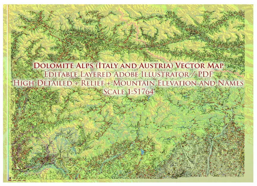 Dolomite Alps (Italy and Austria) PDF Vector Map High Detailed + Relief + Mountain Elevation and Names Editable Layered Adobe PDF