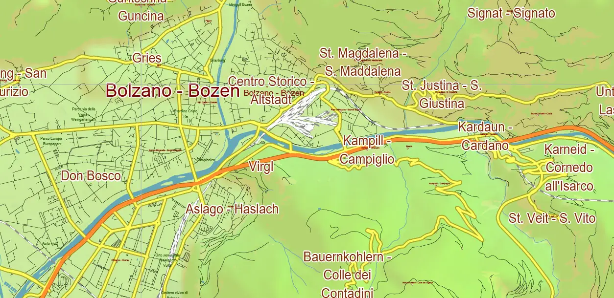 Dolomite Alps (Italy and Austria) PDF Vector Map High Detailed + Relief + Mountain Elevation and Names Editable Layered Adobe PDF