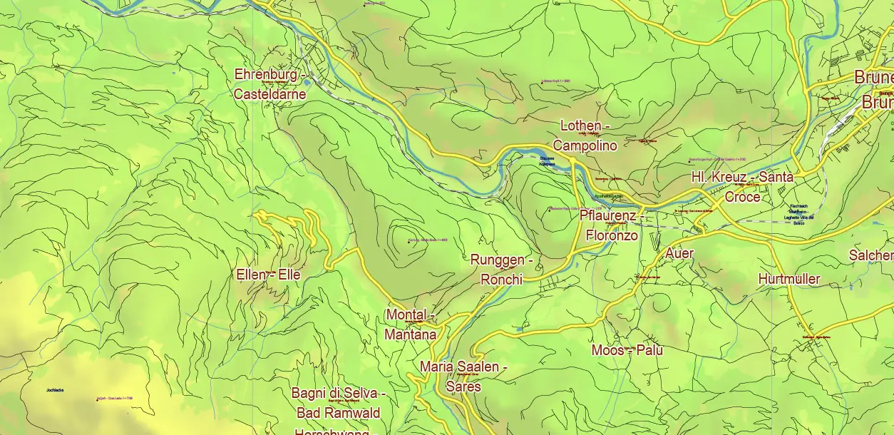 Dolomite Alps (Italy and Austria) PDF Vector Map High Detailed + Relief + Mountain Elevation and Names Editable Layered Adobe PDF