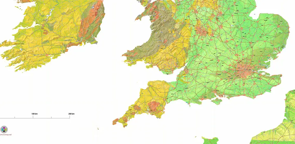 UK + Ireland Geological + Relief Vector Map High Detailed editable layered Adobe Illustrator