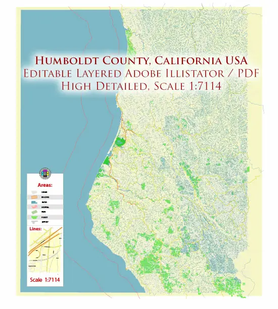 Humboldt County California USA High Detailed Vector Map Editable Layered Adobe Illustrator