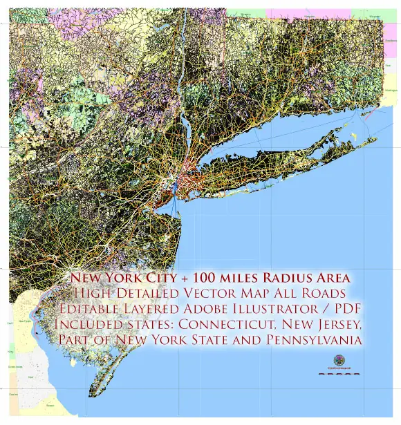 New York City USA + 100 miles radius area High Detailed Vector Map Editable Layered Adobe Illustrator