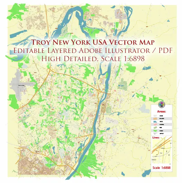 Troy New York USA PDF Vector Map High Detailed editable layered Adobe PDF