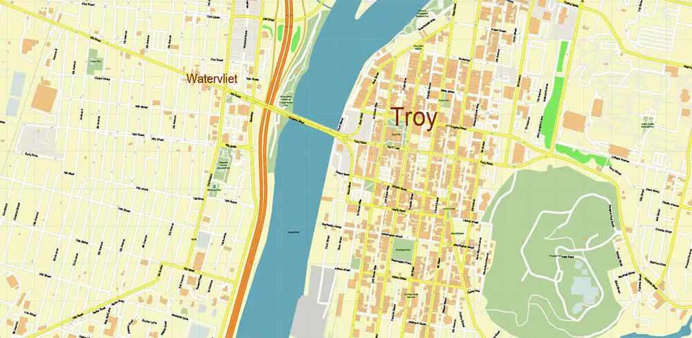Troy New York USA PDF Vector Map High Detailed editable layered Adobe PDF