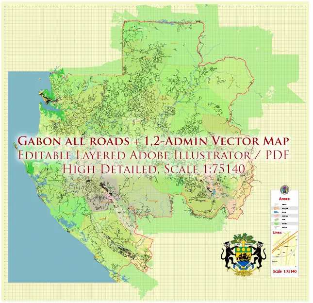 Gabon High Detailed PDF Vector Map: Admin, Roads, Cities and Towns Editable Layered Adobe PDF