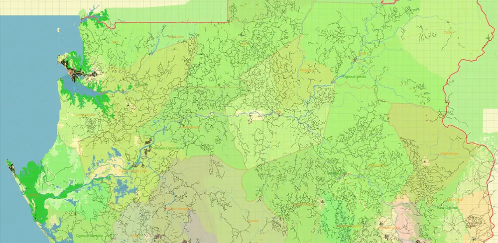 Gabon High Detailed PDF Vector Map: Admin, Roads, Cities and Towns Editable Layered Adobe PDF