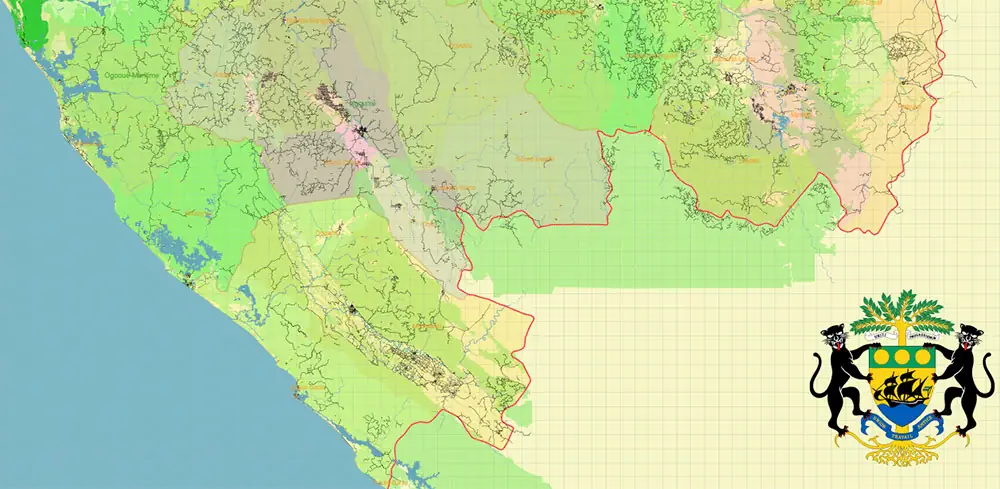 Gabon High Detailed PDF Vector Map: Admin, Roads, Cities and Towns Editable Layered Adobe PDF
