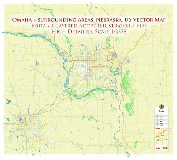 Omaha+ surrounding areas, Nebraska US High Detailed Vector Map Editable Layered Adobe Illustrator