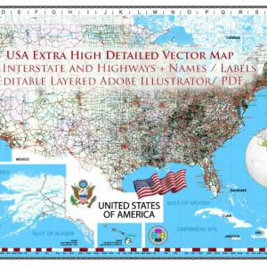 United States Vector Map Extra High Detailed Editable Layered Adobe Illustrator main roads with labels, major cities v.7