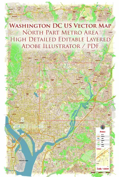 Washington North DC USA Vector Map High Detailed editable layered + Separated Fragment Adobe Illustrator