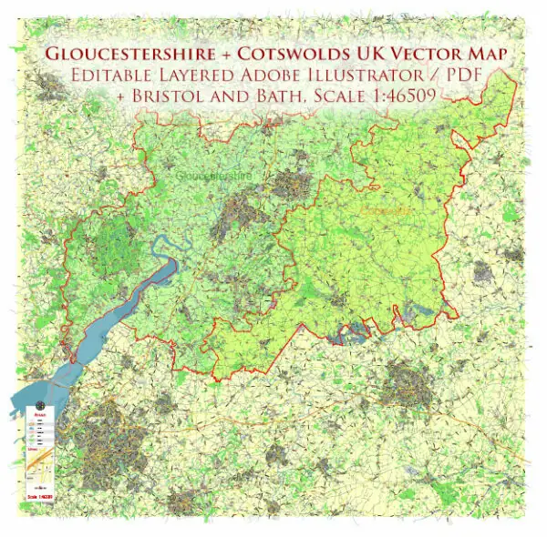 Gloucestershire + Cotswolds UK Vector Map Detailed Editable Layered Adobe Illustrator