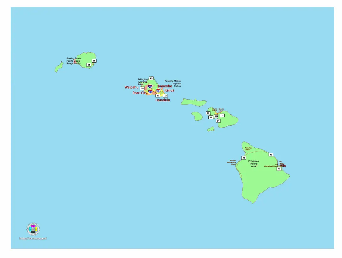 Free Vector map of the state of Hawaii, USA, main roads with numbers, colored counties with names.