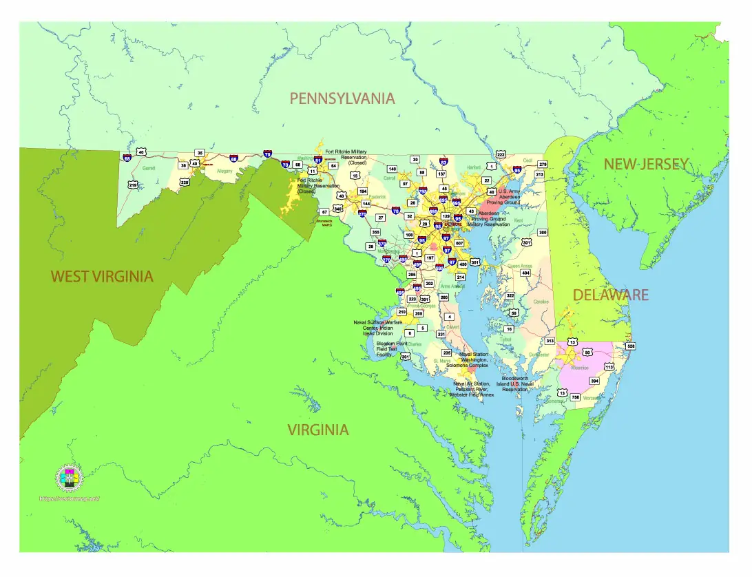 Free Vector map of the state of Maryland, USA, main roads with numbers, colored counties with names.