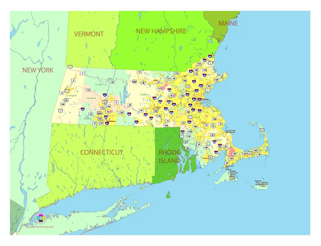 Free Vector map of the state of Massachusetts, USA, main roads with numbers, colored counties with names.