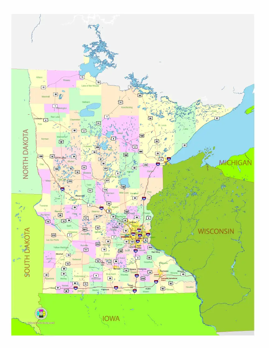 Free Vector map of the state of Minnesota, USA, main roads with numbers, colored counties with names.