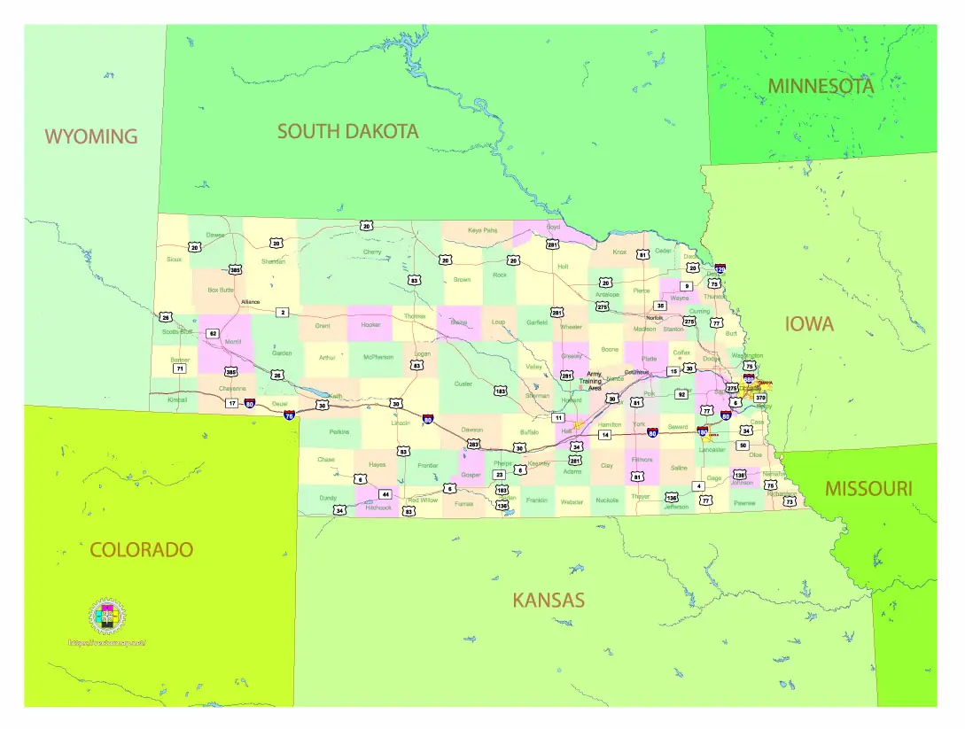 Free Vector map of the state of Nebraska, USA, main roads with numbers, colored counties with names.