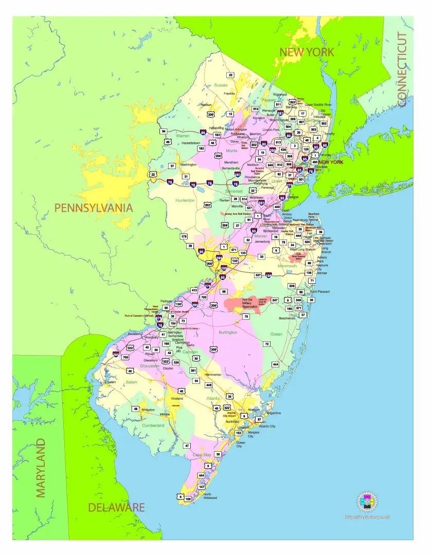 Free Vector map of the state of New Jersey, USA, main roads with numbers, colored counties with names.