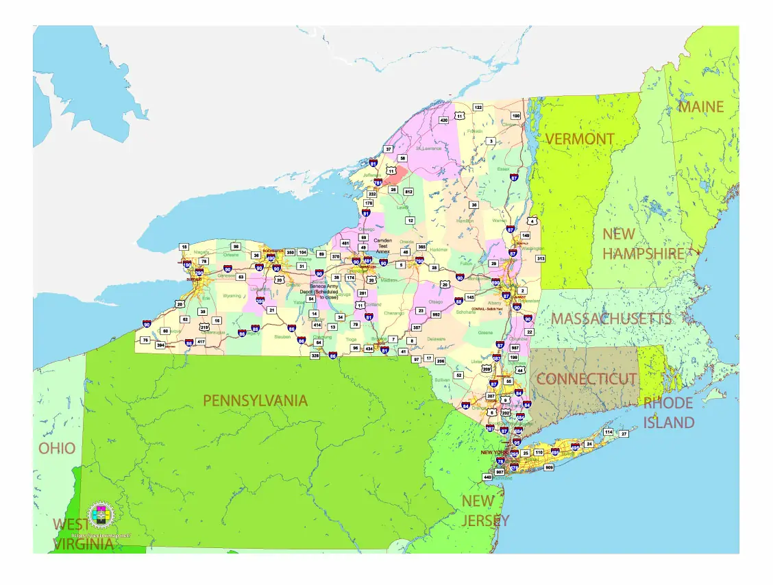 Free Vector map of the state of New York, USA, main roads with numbers, colored counties with names.