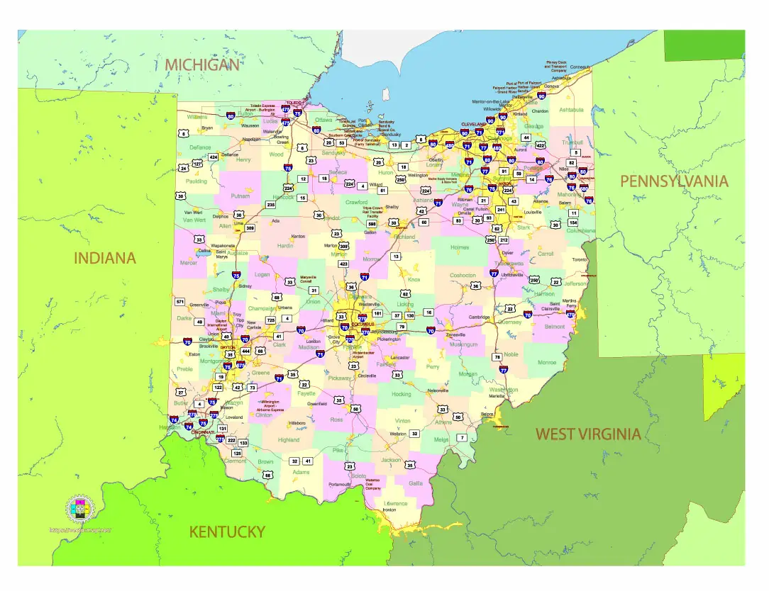 Free Vector map of the state of Ohio, USA, main roads with numbers, colored counties with names.