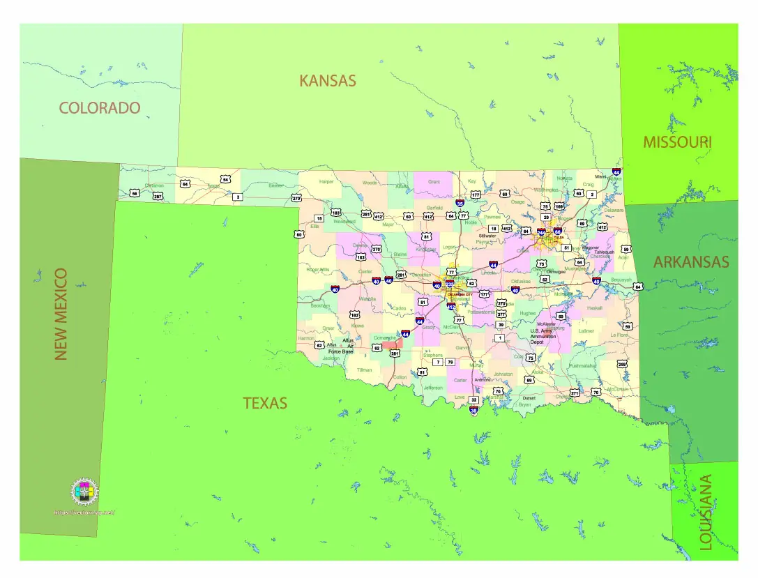 Free Vector map of the state of Oklahoma, USA, main roads with numbers, colored counties with names.