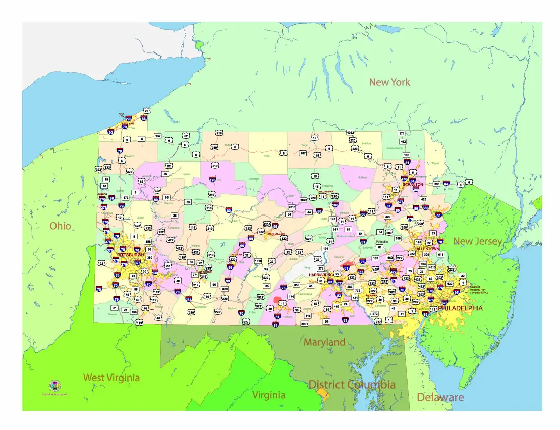 Free Vector map of the state of Pennsylvania, USA, main roads with numbers, colored counties with names.