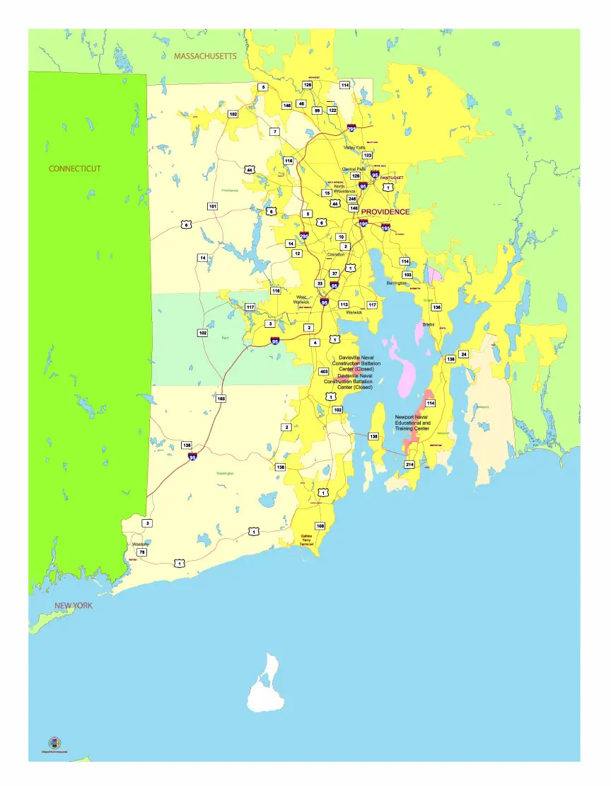 Free Vector map of the state of Rhode Island, USA, main roads with numbers, colored counties with names.