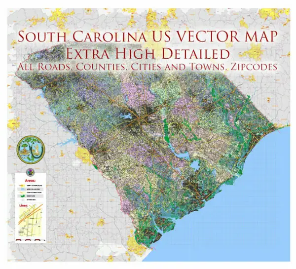 _South Carolina US Vector Map exact extra High Detailed: all Streets Roads Counties and Zipcodes fully editable Adobe Illustrator